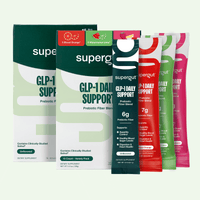 Supergut GLP-1 Daily Support product range including two large canisters, a single-serve packet, and multiple flavored packet varieties displayed against a light cream background.
