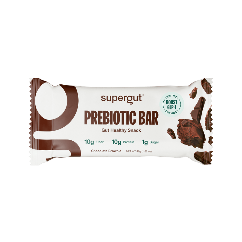 A Supergut Chocolate Brownie Prebiotic Bar package displayed