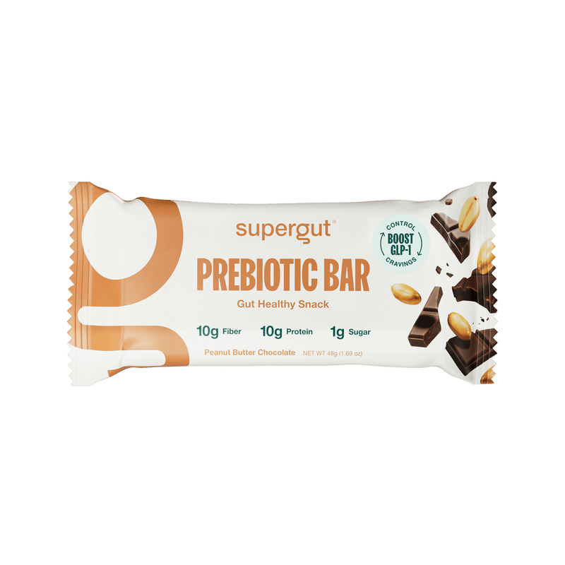 A Supergut Peanut Butter Prebiotic Bar package displayed