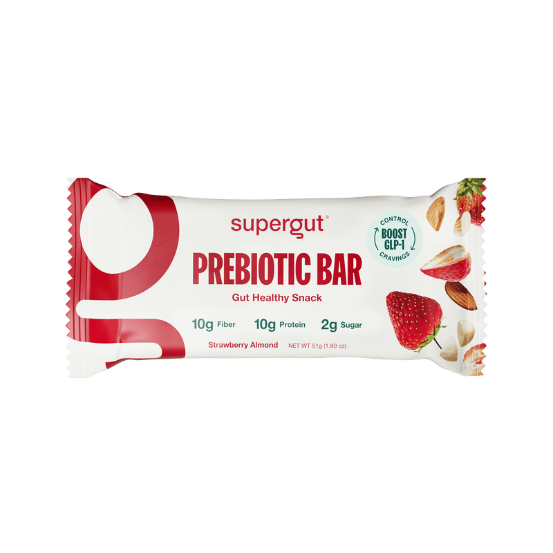 A Supergut Strwberry Almond Prebiotic Bar package displayed