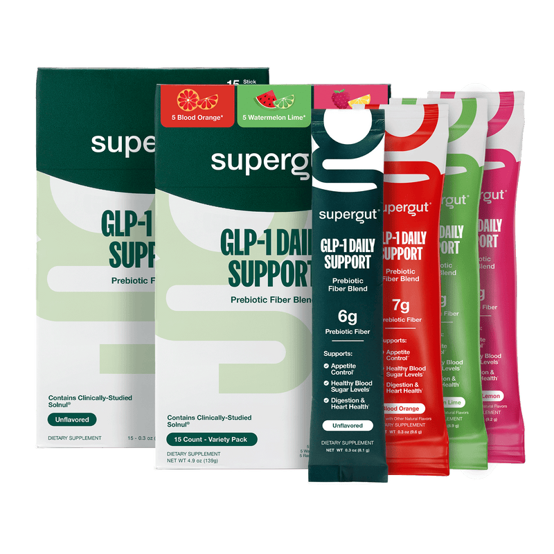Supergut GLP-1 Daily Support product range including two large canisters, a single-serve packet, and multiple flavored packet varieties displayed against a light cream background.