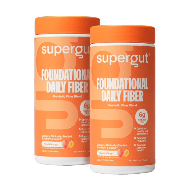 Supergut Foundational Daily Fiber peach mango 2 canisters Package on a White Background
