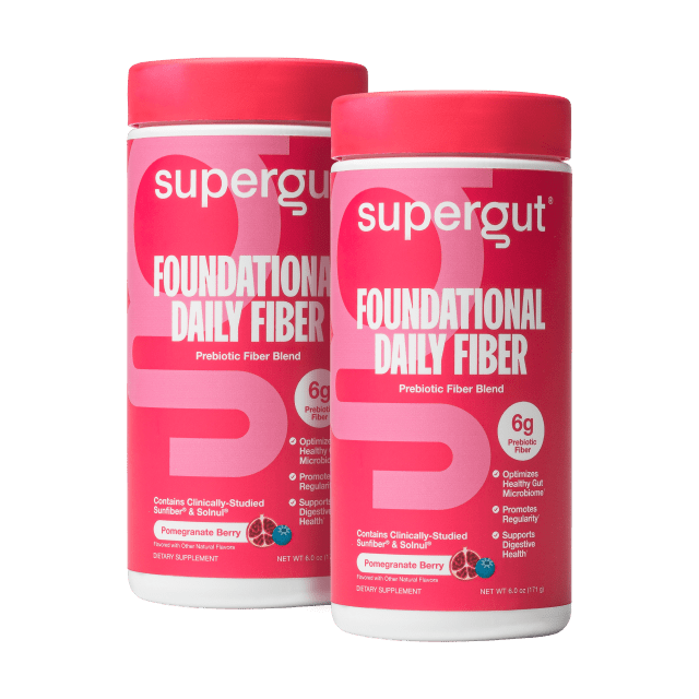 Supergut Foundational Daily Fiber pomegranate berry 2 canisters Package on a White Background