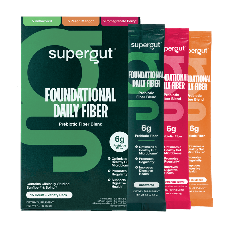 Supergut Foundational Daily Fiber variety pack stick packs Package on a White Background