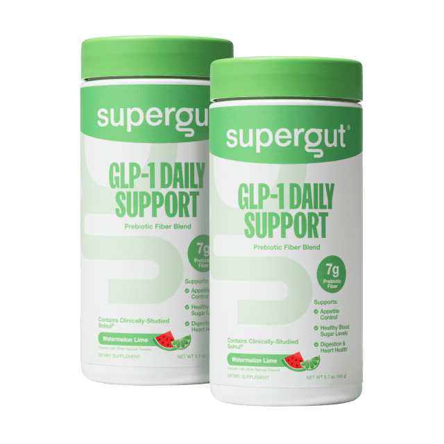 Two Supergut GLP-1 Daily Support Prebiotic Fiber Blend watermelon lime canisters displayed in a white background