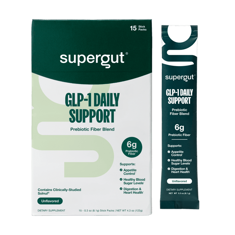 Supergut GLP-1 Daily Support Prebiotic Fiber Blend unflavored stick packs displayed in a white background
