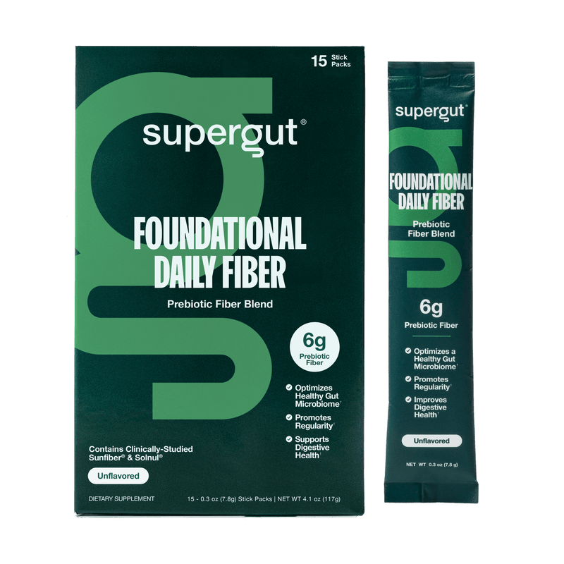 Supergut Foundational Daily Fiber unflavored stick packs Package on a White Background